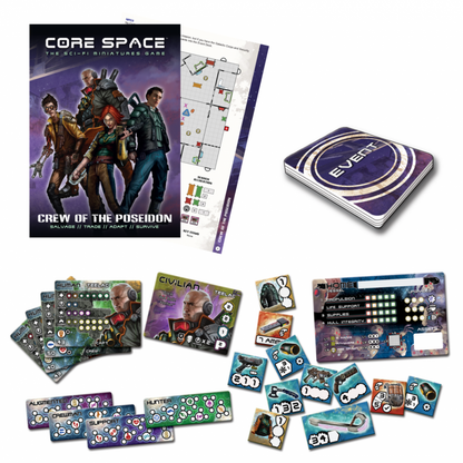 Core Space Poseidon Crew – zawartość papierowa: booklet Crew of the Poseidon, mapa misji, talia Event Cards, odwracalne plansze postaci Human/Civilian Teelac, plansze klas Augmented/Crewman/Support/Hunter, Ship Board i żetony wyposażenia
