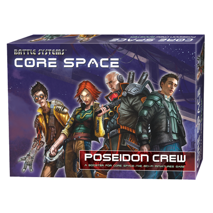 Core Space Poseidon Crew – pudełko boostera z grafiką 4 Traderów: Teelac, Hoskins, Thoman i Pi na tle stacji kosmicznej, Battle Systems, A Booster for Core Space
