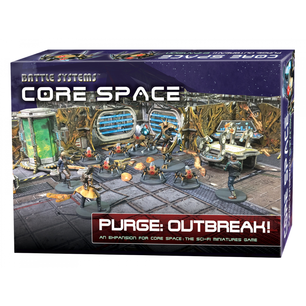 Core Space Purge Outbreak – pudełko dodatku z grafiką Annihilatora, Gathererów i Spiderów na arenie 3D z biomasą, Battle Systems, An Expansion for Core Space
