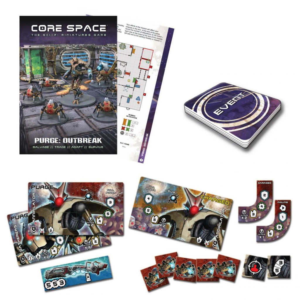 Core Space Purge Outbreak – zawartość papierowa: booklet Purge Outbreak, mapa misji, talia Event Cards, plansze Annihilatora, karty Gatherers, żetony wyposażenia i znaczniki statusu
