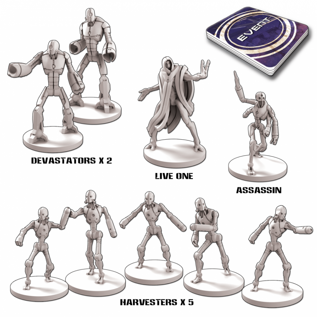 Core Space Purge Reinforcements – 10 niebielonych figurek: 2 Devastatory, Live One, Assassin, 5 Harvesterów oraz talia Event Cards na białym tle z podpisami
