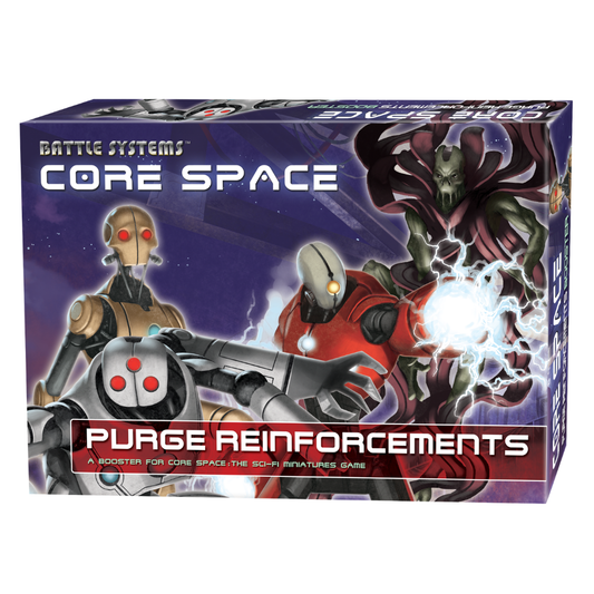 Core Space Purge Reinforcements – pudełko boostera z grafiką Devastatora, Assassina i Live One, Battle Systems, A Booster for Core Space
