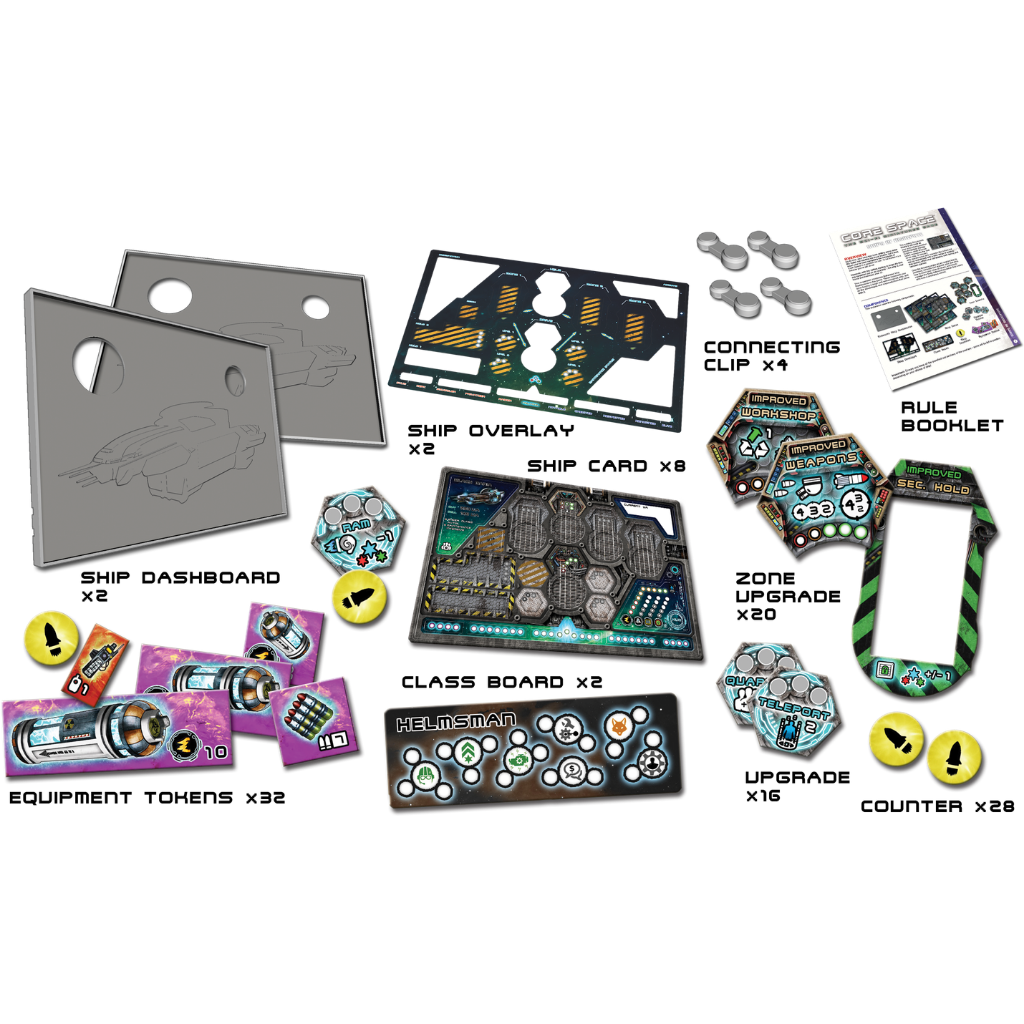 Core Space Ships of Disrepute – zawartość zestawu: 2 Ship Dashboard, 2 Ship Overlay, 8 Ship Cards, 4 Connecting Clips, 2 Class Boards (Helmsman), 20 Zone Upgrades, 16 Upgrade Inserts, 32 Equipment Tokens, 28 Counters i Rule Booklet na białym tle z podpisami
