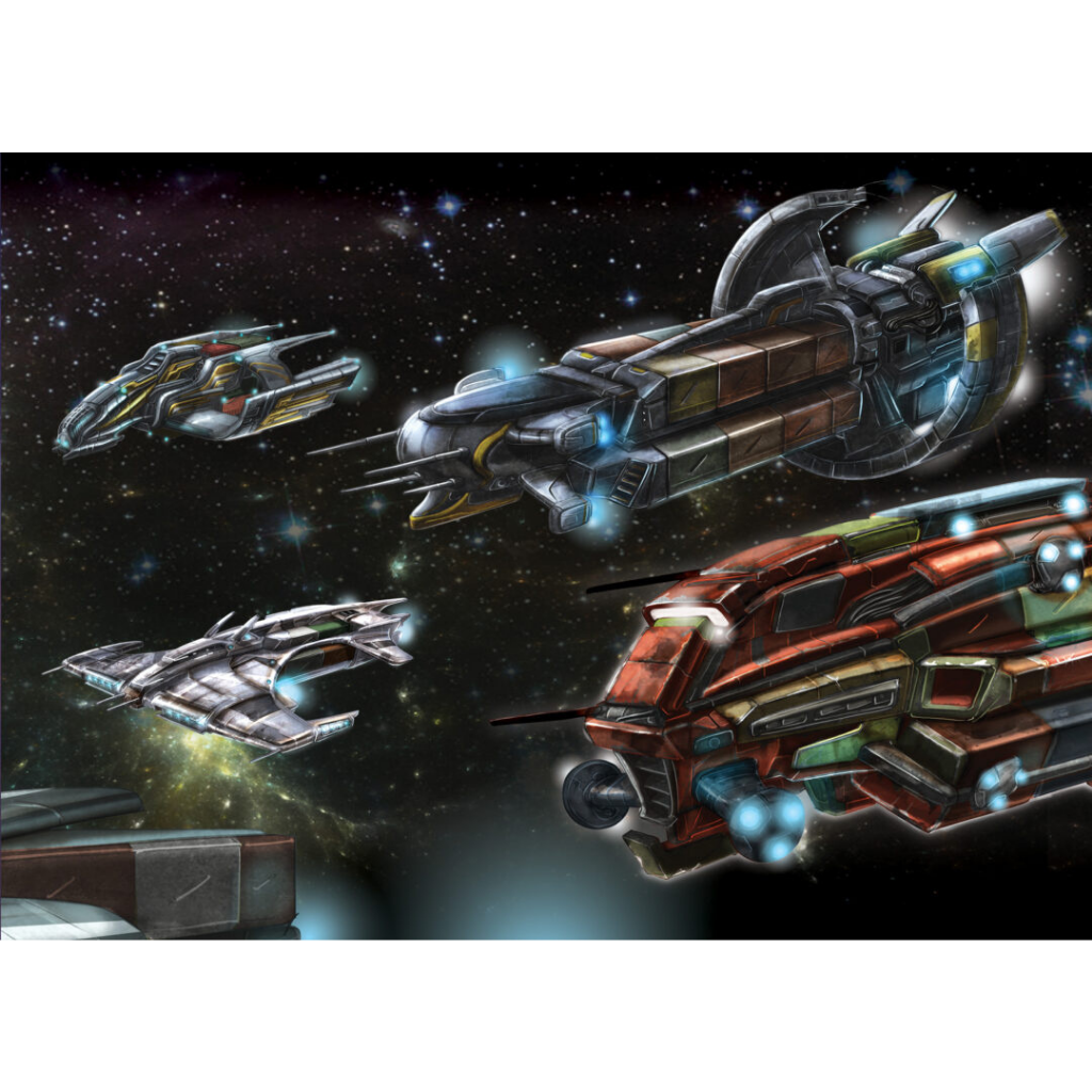 Core Space Ships of Disrepute – ilustracja 5 statków kosmicznych Traderów: duży frachtowiec z pierścieniem, mały myśliwiec, szary okręt wojenny, czerwony krążownik i statek z działem na tle kosmosu

