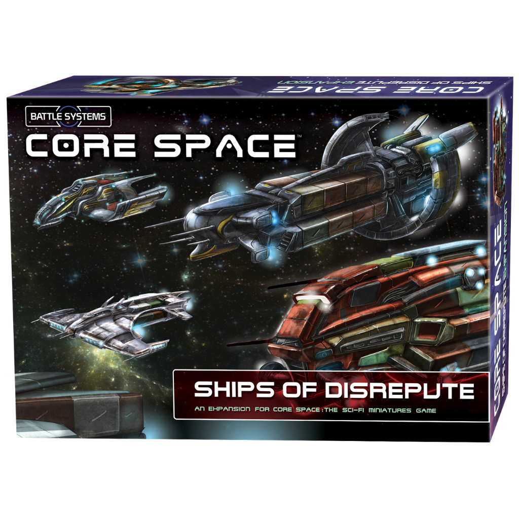 Core Space Ships of Disrepute – pudełko dodatku z grafiką 5 statków kosmicznych Traderów na tle gwiezdnej przestrzeni, Battle Systems, An Expansion for Core Space: The Sci-Fi Miniatures Game
