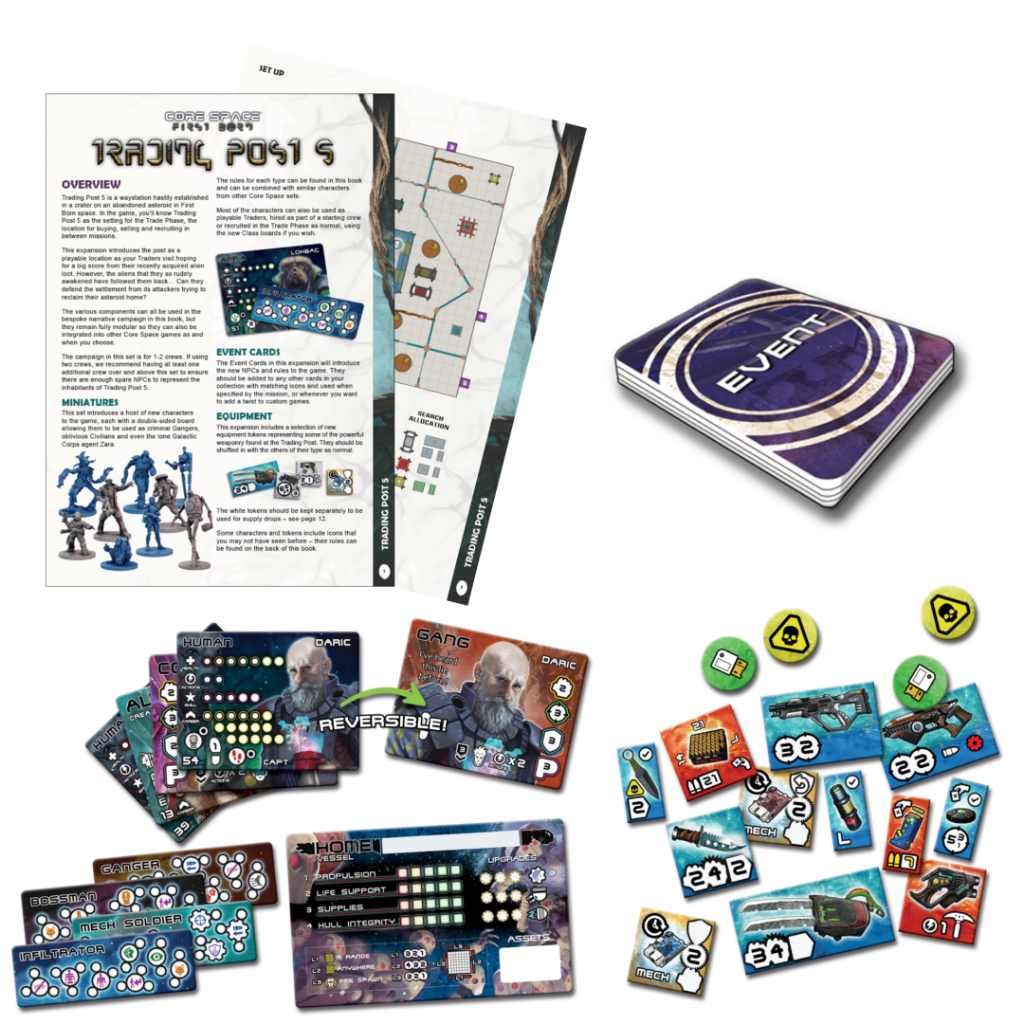 Core Space Trading Post 5 – zawartość papierowa: booklet Trading Post 5, odwracalne plansze postaci (Human/Gang), talia Event Cards, plansze klas Ganger/Bossman/Mech Soldier/Infiltrator, Ship Board i żetony wyposażenia
