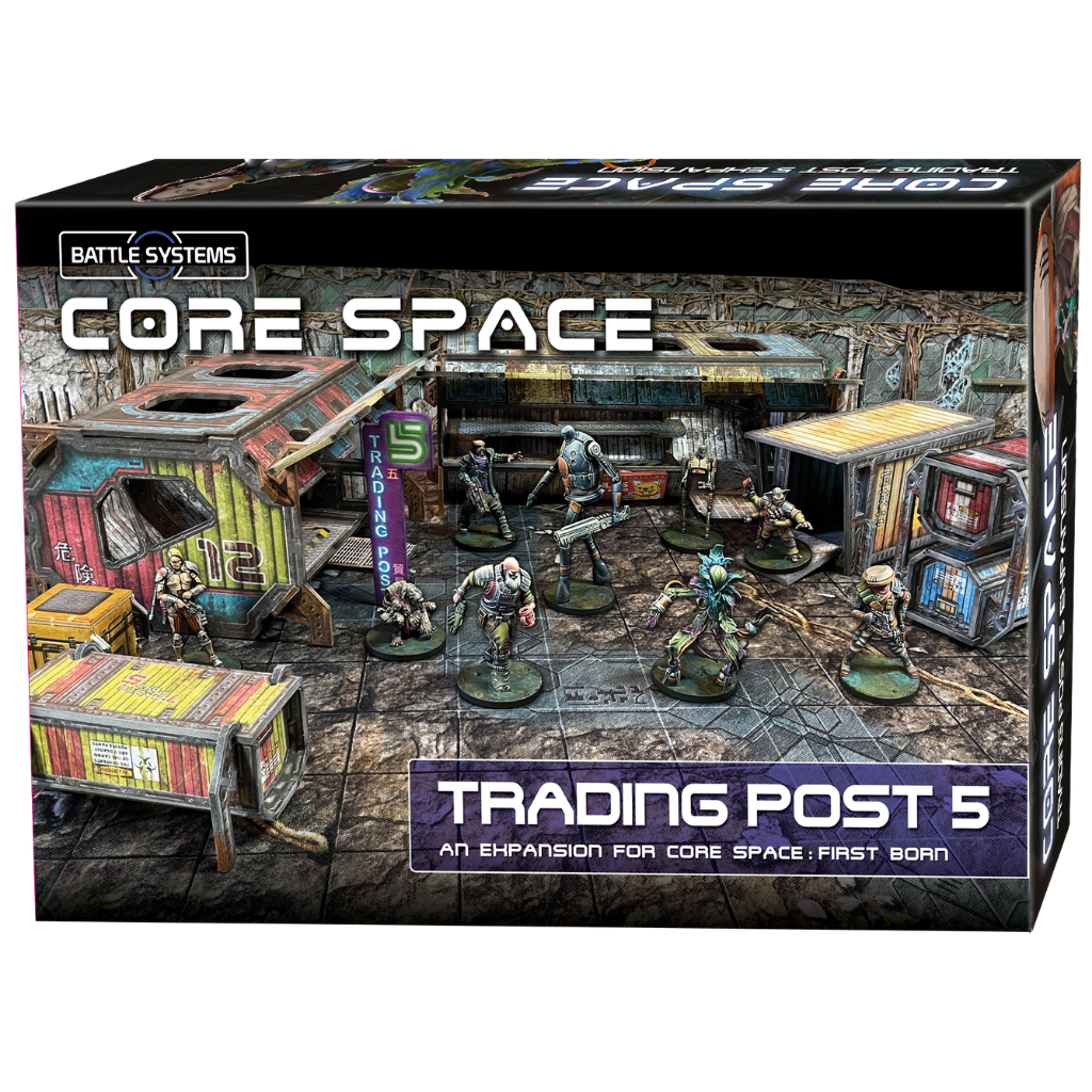 Core Space Trading Post 5 – pudełko dodatku z pomalowanymi figurkami Traderów, Gangerów i Qiog na arenie Trading Post 5 z kontenerami i szyldem, Battle Systems
