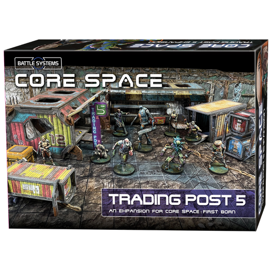 Core Space Trading Post 5 – pudełko dodatku z pomalowanymi figurkami Traderów, Gangerów i Qiog na arenie Trading Post 5 z kontenerami i szyldem, Battle Systems
