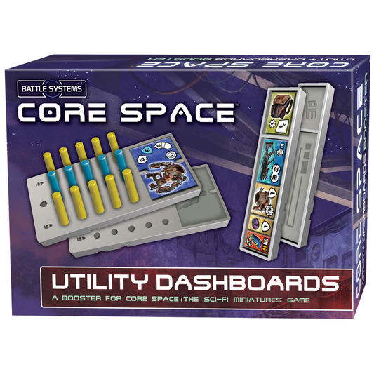 Core Space Utility Dashboards – pudełko boostera z grafiką Combat Dashboard z żółto-niebieskimi kołkami i Stowage Dashboard z żetonami wyposażenia, Battle Systems, A Booster for Core Space: The Sci-Fi Miniatures Game
