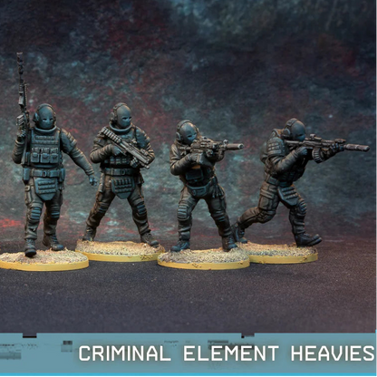 Criminal Element Heavies Spectre Miniatures – 4 uzbrojonych przestępców w czarnych kombinezonach z maskami balistycznymi, AK74 z bębnem, MGL i FAL, 28mm widok z przodu
