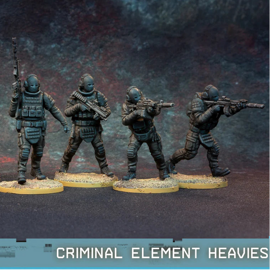 Criminal Element Heavies Spectre Miniatures – 4 uzbrojonych przestępców w czarnych kombinezonach z maskami balistycznymi, AK74 z bębnem, MGL i FAL, 28mm widok z przodu
