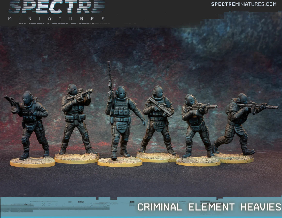 Criminal Element Heavies Spectre Miniatures – 6 uzbrojonych przestępców w czarnych kombinezonach z maskami balistycznymi, AK74 z bębnem, MGL i FAL, 28mm widok z przodu
