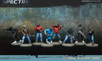 Criminal Element Gang Spectre Miniatures – 7 gangsterów w cywilnych ubraniach i kominiarach z M4, Galil, Mac-10 i strzelbą, 28mm widok z przodu
