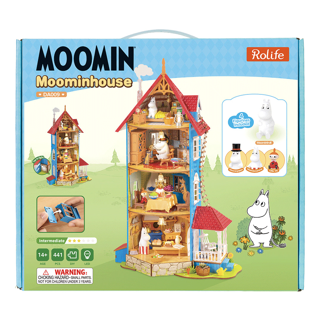 Dom Muminków Rolife DA009 Moominhouse – zbliżenie na otwieraną fasadę modelu z widocznym mechanizmem zatrzasku i niebieską okładziną ściany