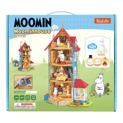 Dom Muminków Rolife DA009 Moominhouse – zbliżenie na otwieraną fasadę modelu z widocznym mechanizmem zatrzasku i niebieską okładziną ściany