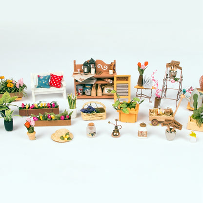Kwiaciarnia Millera Miller's Flower House Rolife DG108 – gotowy model w gablotce display box na komodzie, widok frontalny