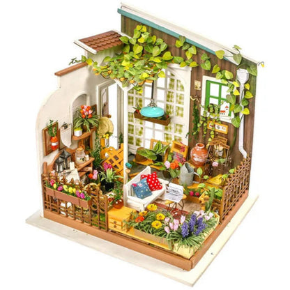 Kwiaciarnia Millera Miller's Flower House Rolife DG108 – gotowy model z żółtą fasadą, ogrodowym tarasem i LED, widok frontalny na neutralnym tle