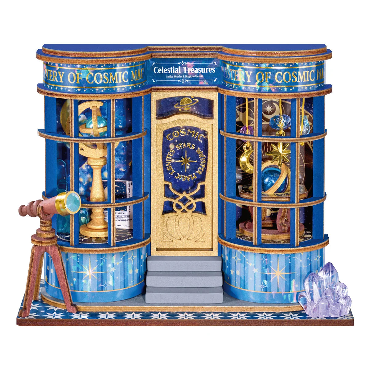Sklep Astronomiczny Magic Astronomy Shop Rolife DS048 – gotowy model z teleskopem, krystałami i złotymi detalami astronomicznymi, widok frontalny na białym tle
