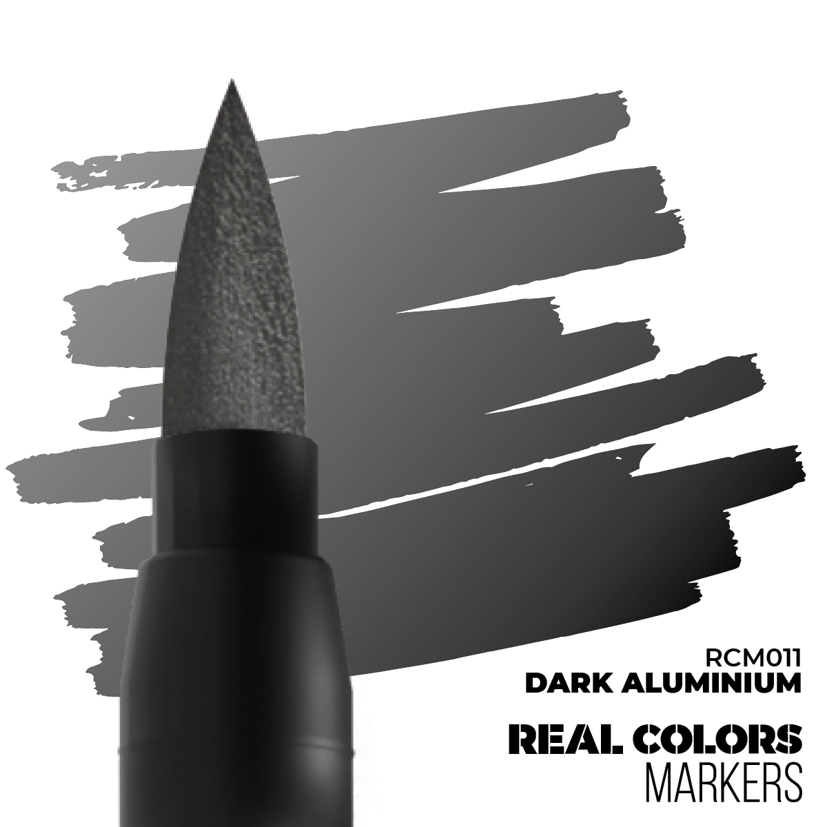 Dark Aluminium RCM011 AK Interactive Real Colors Marker końcówka i próbka koloru - ciemny metaliczny szary marker akrylowy - AK Interactive
