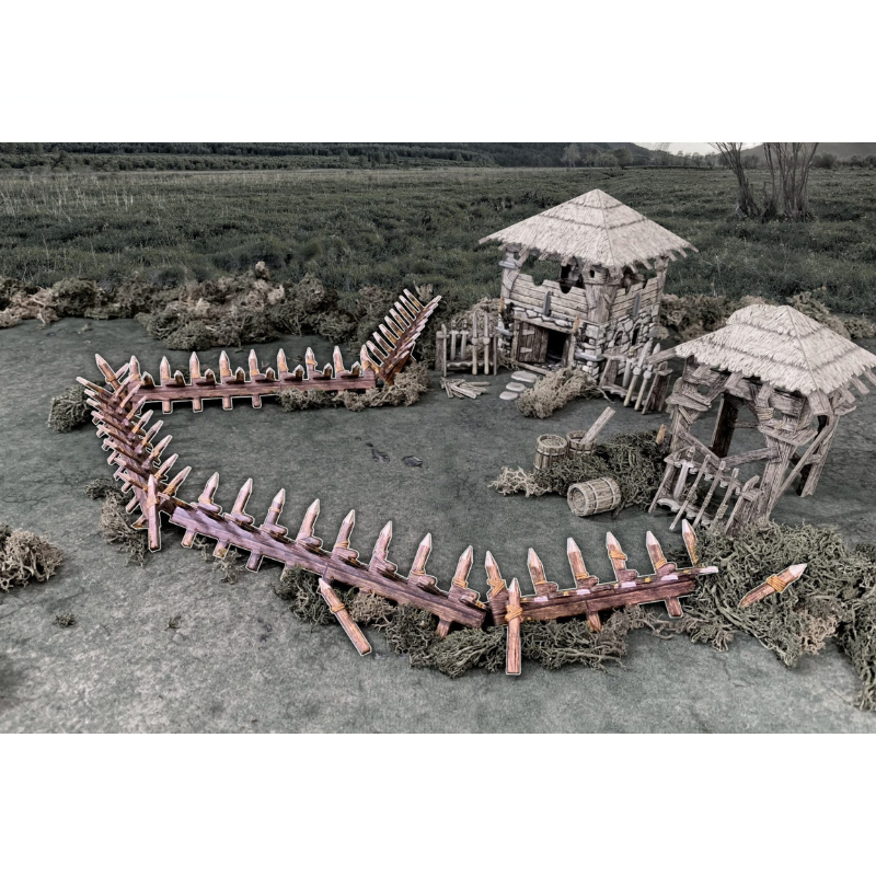 Deadly Stakes BSTFWA004 28-35mm Battle Systems - pale obronne ułożone w okrąg z budynkami widok klimatyczny z góry
