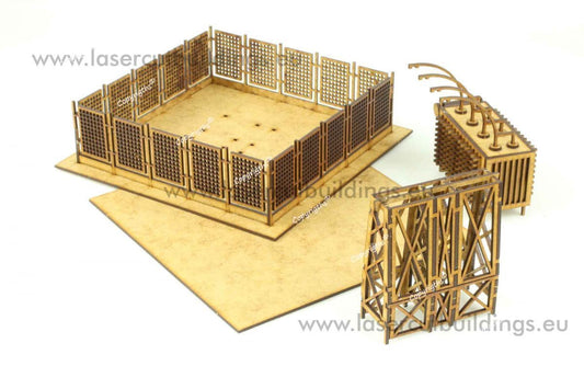 Duży Transformator z Ogrodzeniem LBH0976 28mm HDF - rozłożone elementy ogrodzenie i transformator widok z boku Laser Cut Buildings
