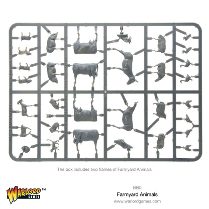 Farmyard Animals EIEIO - szara plastikowa ramka z niepomalowanymi zwierzętami: 4 krowy, 2 osły, 4 owce, 2 świnie, 4 prosięta, 8 kurczaków, 4 koty, 2 psy, 4 kaczki, 4 gęsi, 2 kozy - elementy na ramce do samodzielnego montażu - The box includes two frames of Farmyard Animals - logo Warlord Games - EIEIO Farmyard Animals - www.warlordgames.com