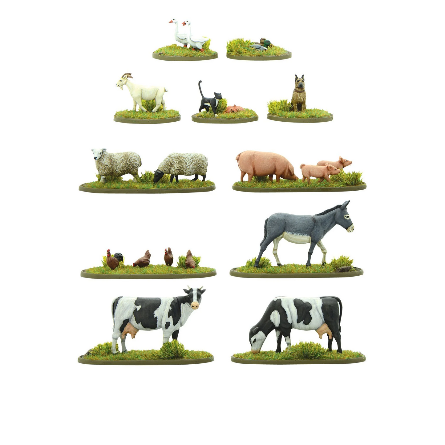 Farmyard Animals EIEIO - pomalowane zwierzęta 28mm na podstawkach z zieloną trawą białe tło: rząd 1 - 2 gęsi białe z czerwonymi dziobami po lewej, 2 kaczki białe z żółtymi dziobami po prawej - rząd 2 - biała koza po lewej, 2 koty czarny i różowy w środku, pies owczarek niemiecki po prawej - rząd 3 - 2 owce białe po lewej, 2 świnie różowe z 2 prosiętami po prawej - rząd 4 - 4 kurczaki brązowe po lewej, osioł szary z białym brzuchem po prawej - rząd 5 - 2 krowy czarno-białe - The box includes two frames of Fa