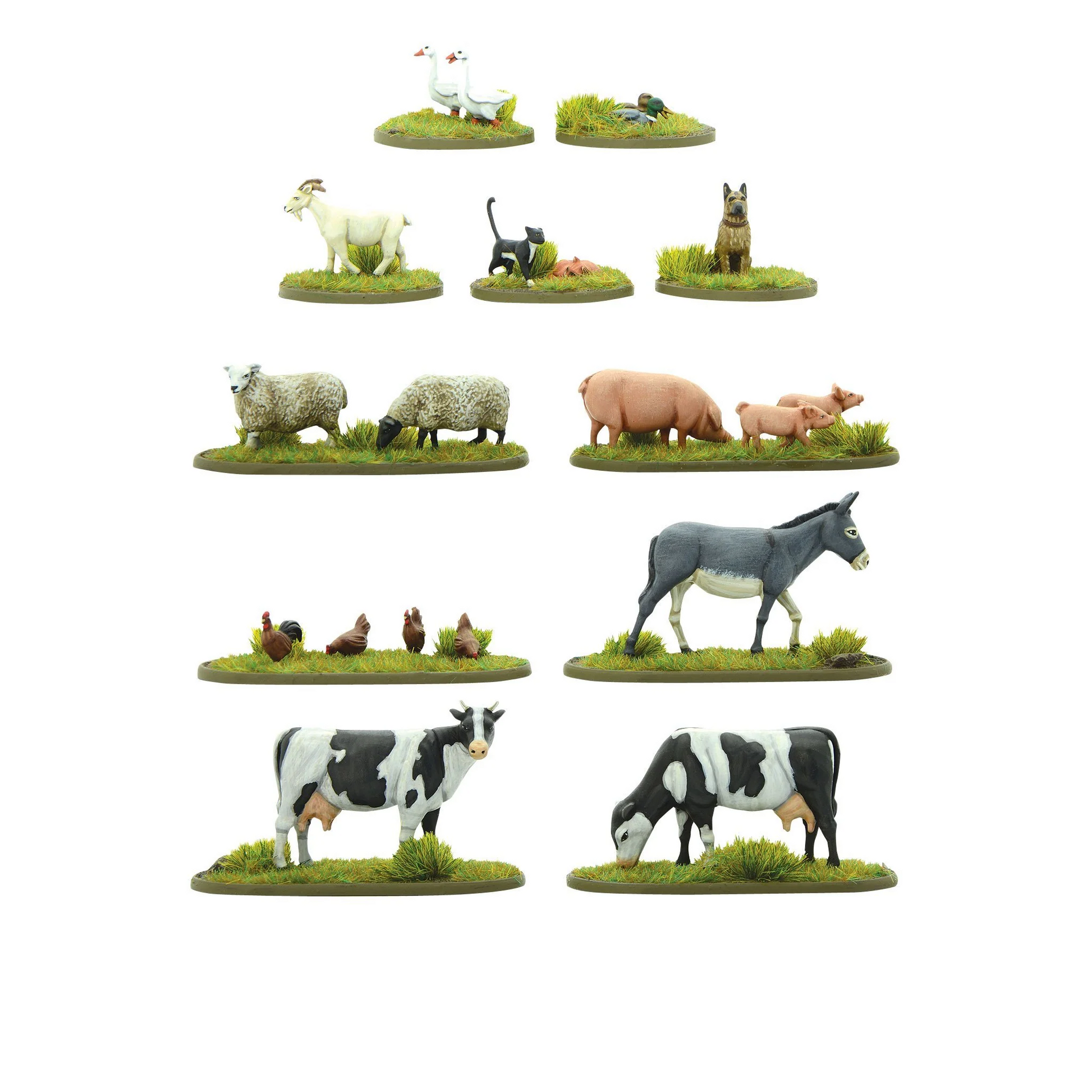 Farmyard Animals EIEIO - pomalowane zwierzęta 28mm na podstawkach z zieloną trawą białe tło: rząd 1 - 2 gęsi białe z czerwonymi dziobami po lewej, 2 kaczki białe z żółtymi dziobami po prawej - rząd 2 - biała koza po lewej, 2 koty czarny i różowy w środku, pies owczarek niemiecki po prawej - rząd 3 - 2 owce białe po lewej, 2 świnie różowe z 2 prosiętami po prawej - rząd 4 - 4 kurczaki brązowe po lewej, osioł szary z białym brzuchem po prawej - rząd 5 - 2 krowy czarno-białe - The box includes two frames of Fa