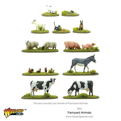Farmyard Animals EIEIO - pomalowane zwierzęta 28mm na podstawkach z zieloną trawą białe tło widok z boku: rząd 1 - 2 gęsi białe po lewej, 2 kaczki białe po prawej - rząd 2 - biała koza po lewej, 2 koty czarny i różowy w środku, pies owczarek niemiecki po prawej - rząd 3 - 2 owce białe po lewej, 2 świnie różowe z 2 prosiętami po prawej - rząd 4 - 4 kurczaki brązowe po lewej, osioł szary po prawej - rząd 5 - 2 krowy czarno-białe - The box includes two frames of Farmyard Animals - logo Warlord Games - EIEIO Fa