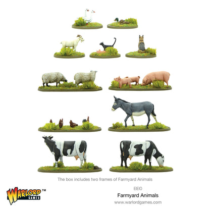 Farmyard Animals EIEIO - pomalowane zwierzęta 28mm na podstawkach z zieloną trawą białe tło widok z drugiej strony: rząd 1 - 2 gęsi białe po lewej, 2 kaczki białe po prawej - rząd 2 - biała koza po lewej, 2 koty czarny i różowy w środku, pies owczarek niemiecki po prawej - rząd 3 - 2 owce białe po lewej, 2 świnie różowe z 2 prosiętami po prawej - rząd 4 - 4 kurczaki brązowe po lewej, osioł szary po prawej - rząd 5 - 2 krowy czarno-białe jedna stojąca jedna pasąca się - The box includes two frames of Farmyar