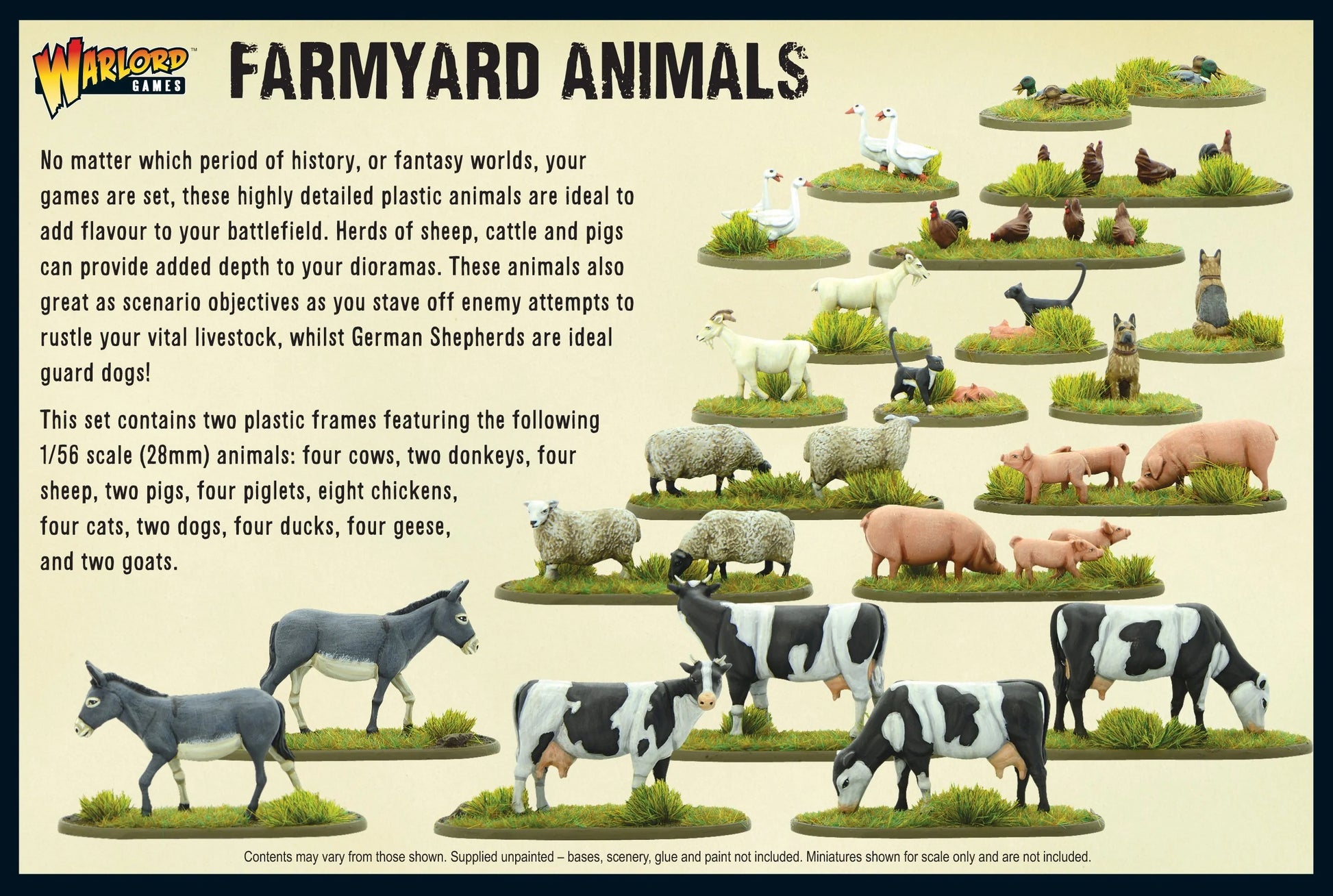 Farmyard Animals EIEIO - tył opakowania - logo Warlord Games: opis produktu po lewej - 40 zwierząt gospodarskich 28mm, idealne do dioram, cele scenariuszy, owczarki niemieckie jako psy strażnicze - zdjęcia po prawej: wszystkie zwierzęta na podstawkach z trawą ułożone w piramidę - 4 krowy czarno-białe, 2 osły szare, 4 owce białe, 2 świnie różowe i 4 prosięta, 8 kurczaków brązowych, 4 koty, 2 psy owczarki niemieckie, 4 kaczki białe, 4 gęsi białe, 2 kozy - Contents may vary from those shown - Supplied unpainte