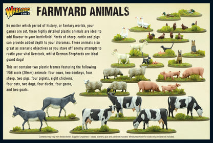 Farmyard Animals EIEIO - tył opakowania - logo Warlord Games: opis produktu po lewej - 40 zwierząt gospodarskich 28mm, idealne do dioram, cele scenariuszy, owczarki niemieckie jako psy strażnicze - zdjęcia po prawej: wszystkie zwierzęta na podstawkach z trawą ułożone w piramidę - 4 krowy czarno-białe, 2 osły szare, 4 owce białe, 2 świnie różowe i 4 prosięta, 8 kurczaków brązowych, 4 koty, 2 psy owczarki niemieckie, 4 kaczki białe, 4 gęsi białe, 2 kozy - Contents may vary from those shown - Supplied unpainte