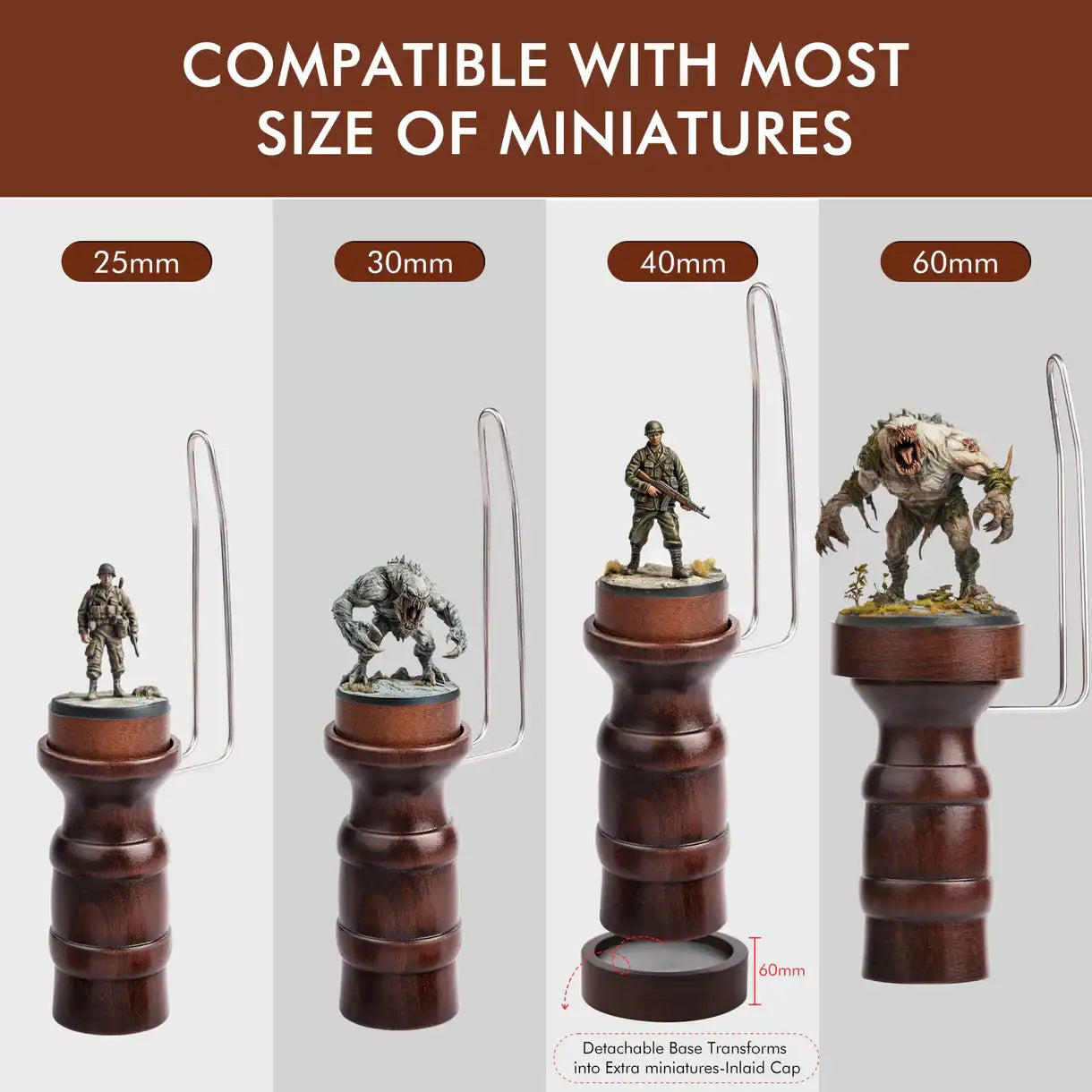 Ergonomic Painting Handle Golden Maple – infografika kompatybilności: uchwyt z 4 rozmiarami nasadek (25mm, 30mm, 40mm, 60mm) z figurkami różnych rozmiarów – żołnierz piechoty 28mm, potwór DnD, żołnierz Bolt Action na podstawce 40mm, wielki potwór na podstawce 60mm; podstawka 60mm może służyć jako dodatkowa nasadka
