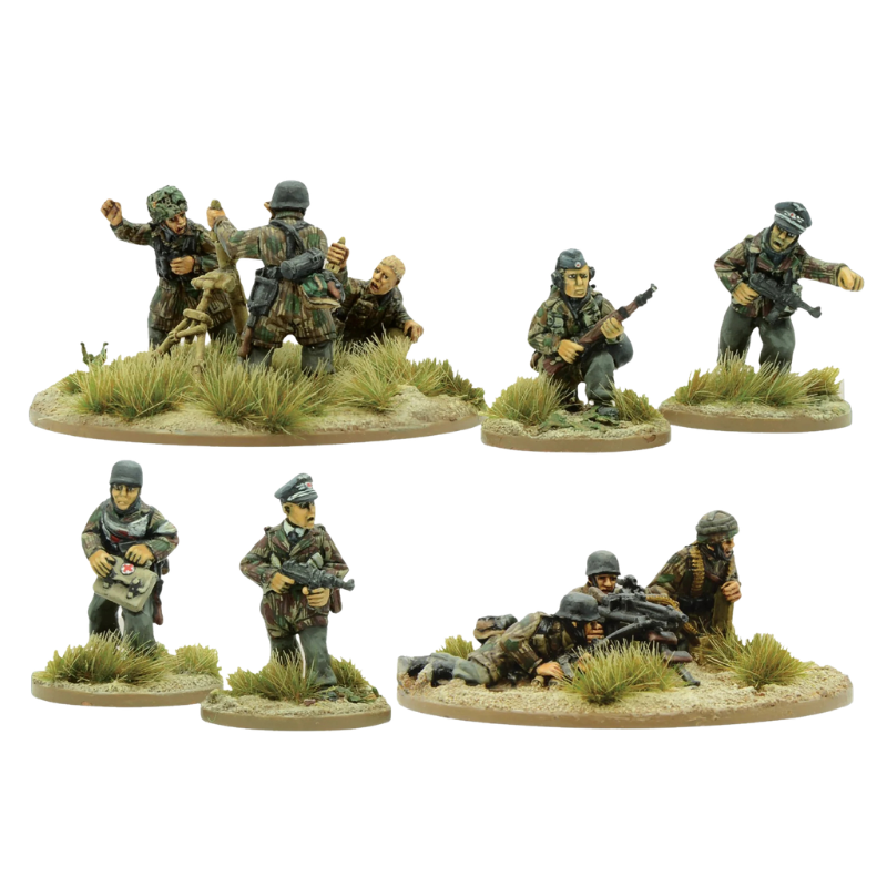 Fallschirmjager Support Group - Bolt Action 28mm - kompletny zestaw pomalowanych figurek: 2 oficerów z pistoletami maszynowymi, medyk, obserwator artyleryjski, zespół MG42, zespół moździerza - 10 metalowych figurek spadochroniarzy - Warlord Games