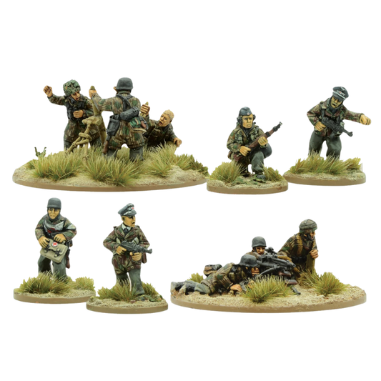 Fallschirmjager Support Group - Bolt Action 28mm - kompletny zestaw pomalowanych figurek: 2 oficerów z pistoletami maszynowymi, medyk, obserwator artyleryjski, zespół MG42, zespół moździerza - 10 metalowych figurek spadochroniarzy - Warlord Games