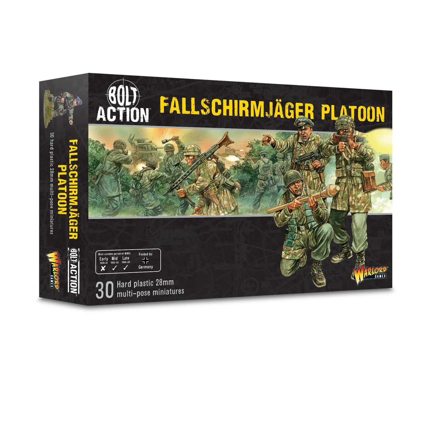 Fallschirmjäger Platoon - Bolt Action 28mm - opakowanie pudełko z ilustracją spadochroniarzy w walce - 30 figurek plastikowych - Warlord Games