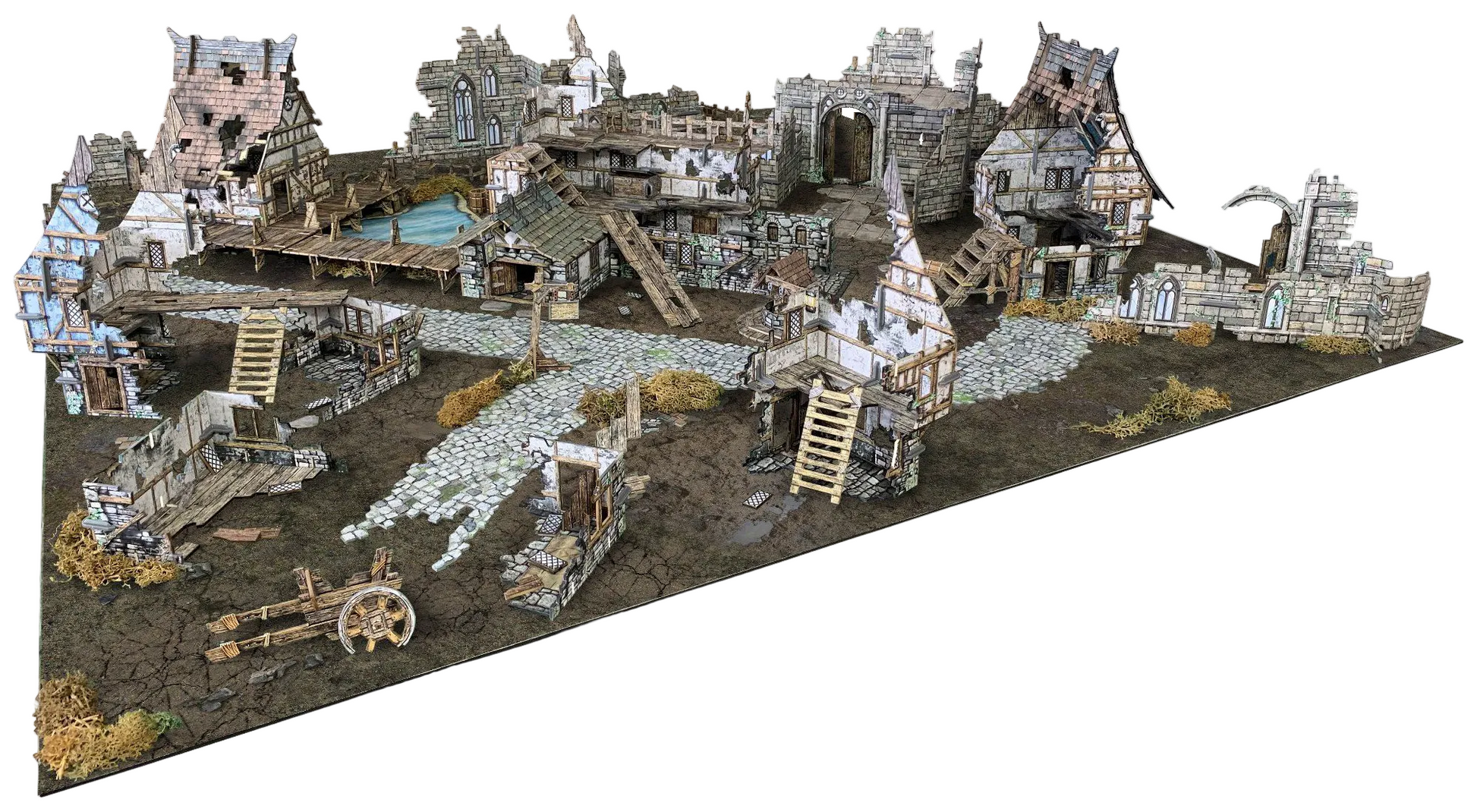 Village Ruins BSTFWE013 28-35mm Battle Systems - pełna sceneria połączona z innymi zestawami Fantasy Village widok z góry
