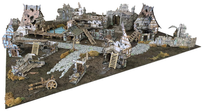 Village Ruins BSTFWE013 28-35mm Battle Systems - pełna sceneria połączona z innymi zestawami Fantasy Village widok z góry
