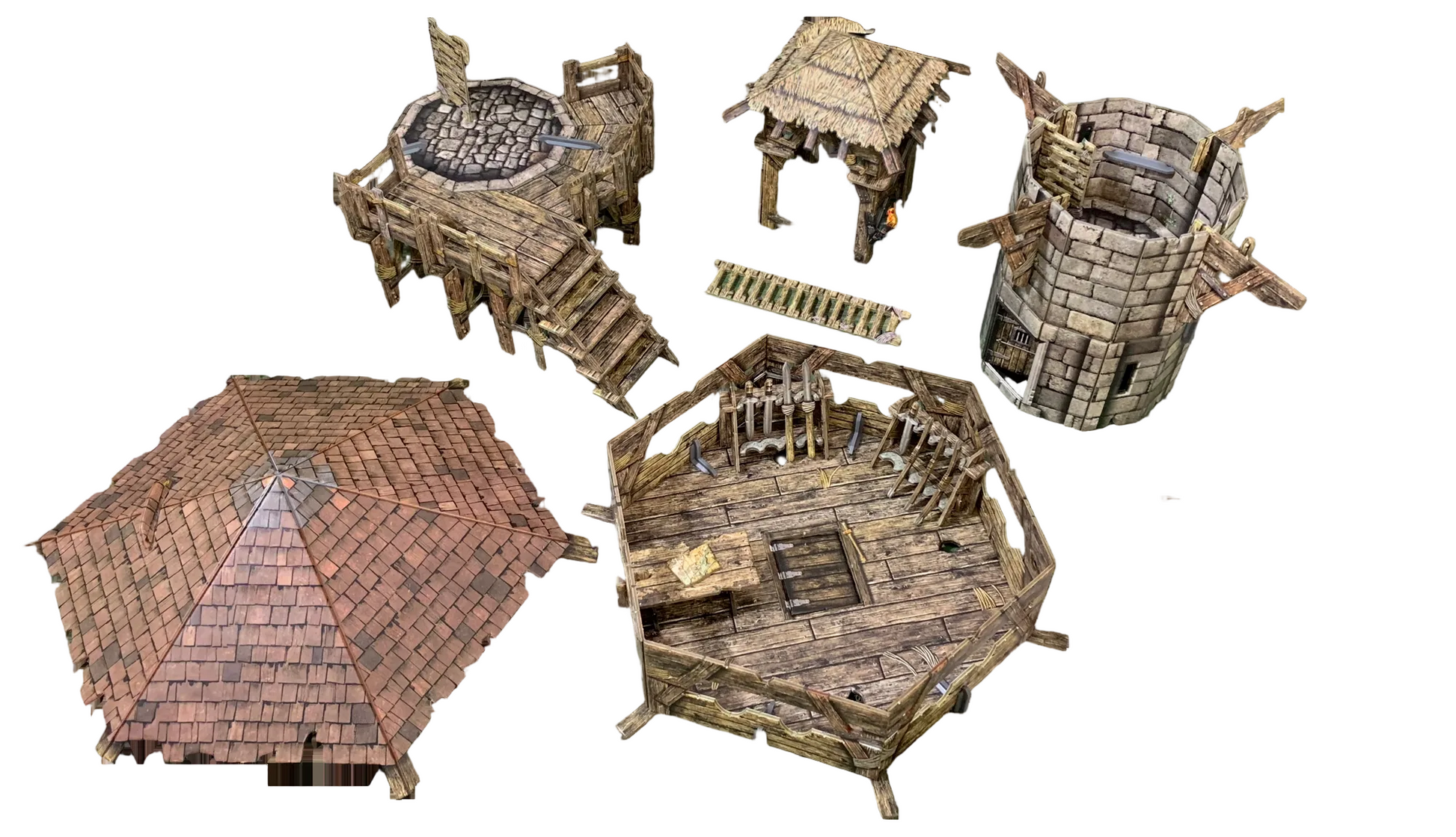 Watchtower BSTFWE008 28-35mm Battle Systems - wszystkie elementy rozłożone dach wieża balkon latarnia widok z góry białe tło
