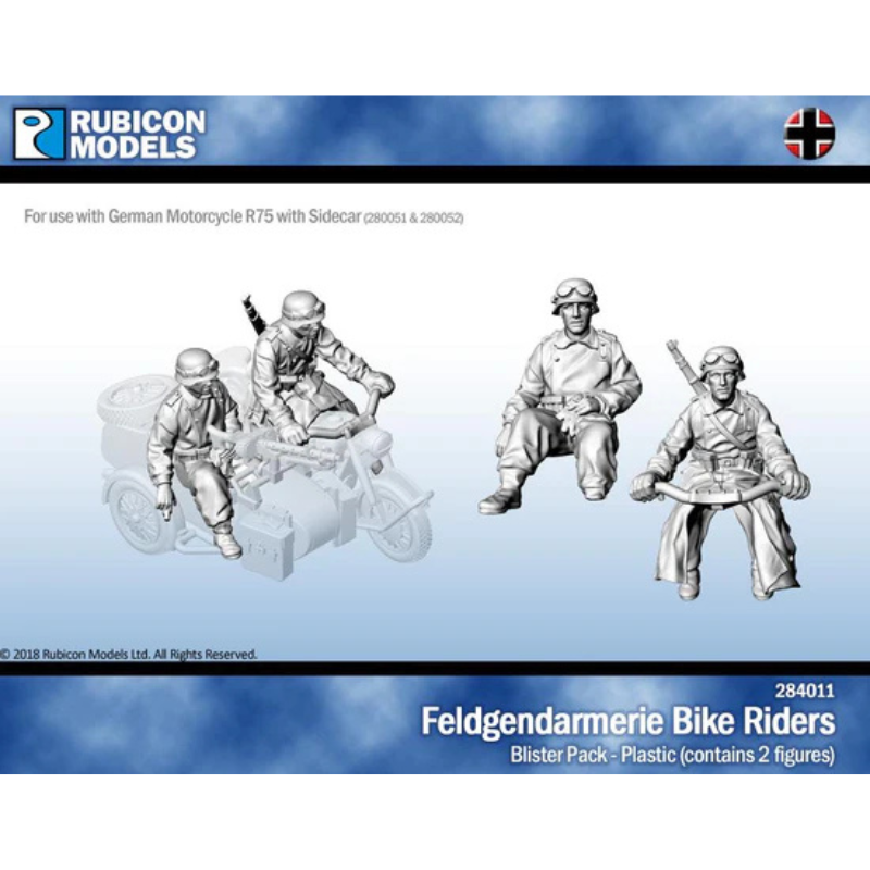 Feldgendarmerie Bike Riders Rubicon Models – okładka blistera 284011, 2 figurki plastikowe żandarmerii na motocyklu R75, Kradmantel, 28mm