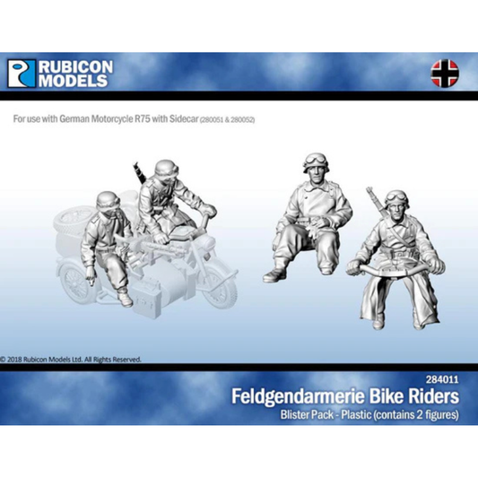 Feldgendarmerie Bike Riders Rubicon Models – okładka blistera 284011, 2 figurki plastikowe żandarmerii na motocyklu R75, Kradmantel, 28mm