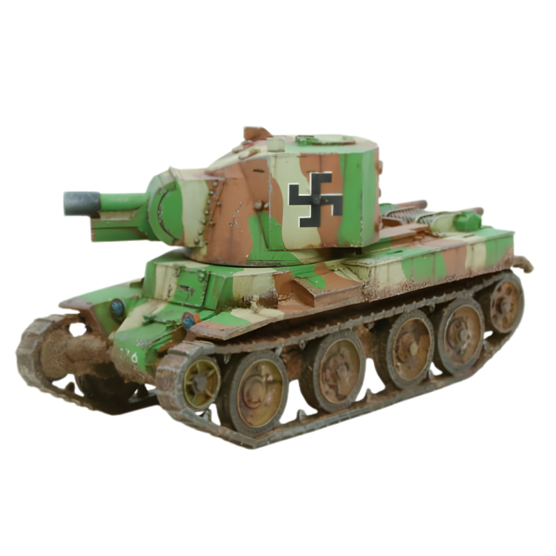 Finnish BT-42 Assault Gun – pomalowany model fińskiego działa szturmowego, widok z przodu-boku, kamuflaż trójkolorowy z hakaristem, Bolt Action, Warlord Games
