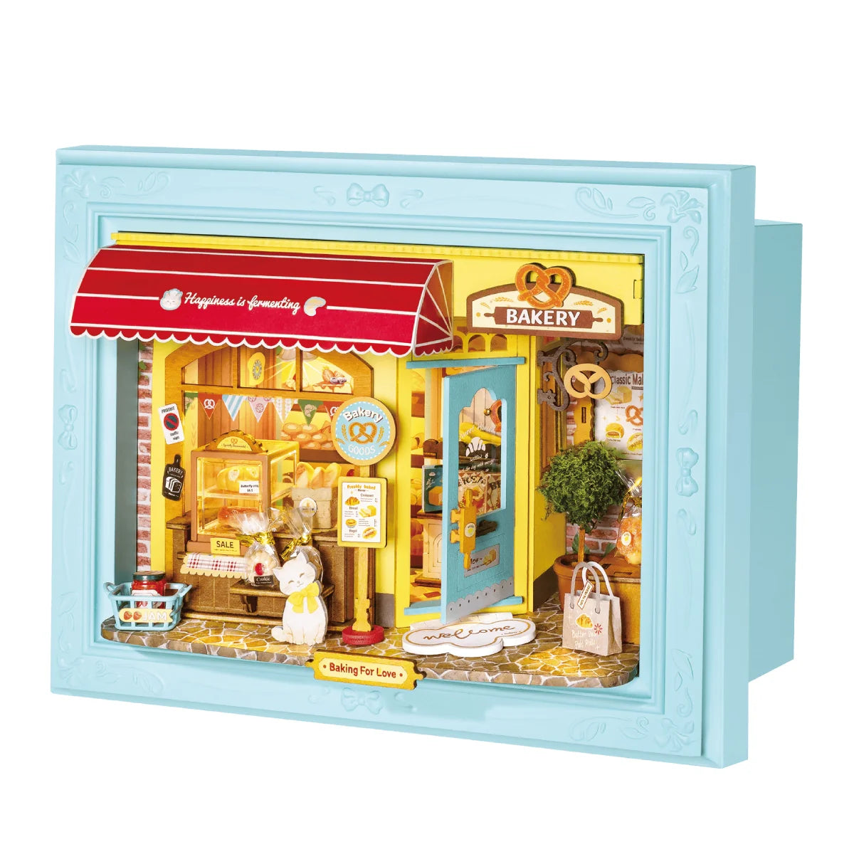 Piekarnia Fluffy Cat Bakery Rolife DP001 – zbliżenie na wnętrze piekarni z bagietkami, preclem i białym kotem