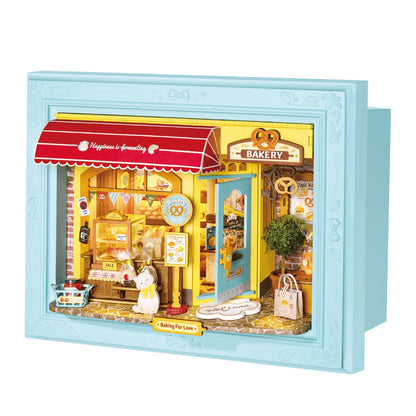 Piekarnia Fluffy Cat Bakery Rolife DP001 – zbliżenie na wnętrze piekarni z bagietkami, preclem i białym kotem