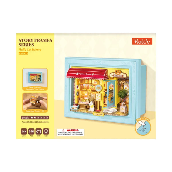 Piekarnia Fluffy Cat Bakery Rolife DP001 – cztery modele z serii Story Frames powieszone na ścianie i na komodzie