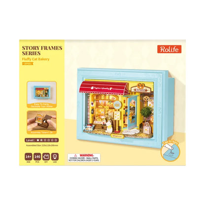 Piekarnia Fluffy Cat Bakery Rolife DP001 – cztery modele z serii Story Frames powieszone na ścianie i na komodzie