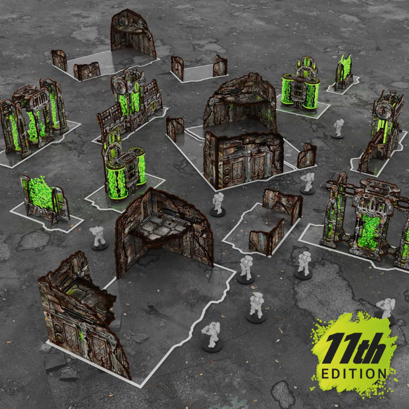 Green Stuff World Foldable Terrain Pack 11th Edition – kompletny stół turniejowy z figurkami Space Marines, układ Glasspack Footprints, widok izometryczny
