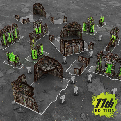 Green Stuff World Foldable Terrain Pack 11th Edition – kompletny stół turniejowy z figurkami Space Marines, układ Glasspack Footprints, widok izometryczny
