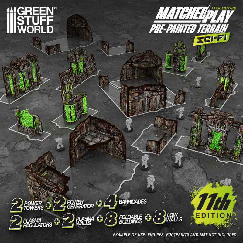 Green Stuff World Matched Play Pre-Painted Terrain 11th Edition – widok całego zestawu z góry: rozmieszczenie 28 elementów na stole z figurkami 28mm, układ turniejowy
