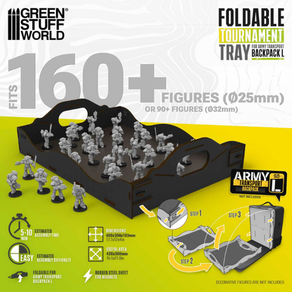 Green Stuff World Foldable Tournament Tray – czarna taca MDF 420x300mm z 160+ figurkami Space Marines, metalizowana podstawa dla magnesów, Army Transport Backpack L